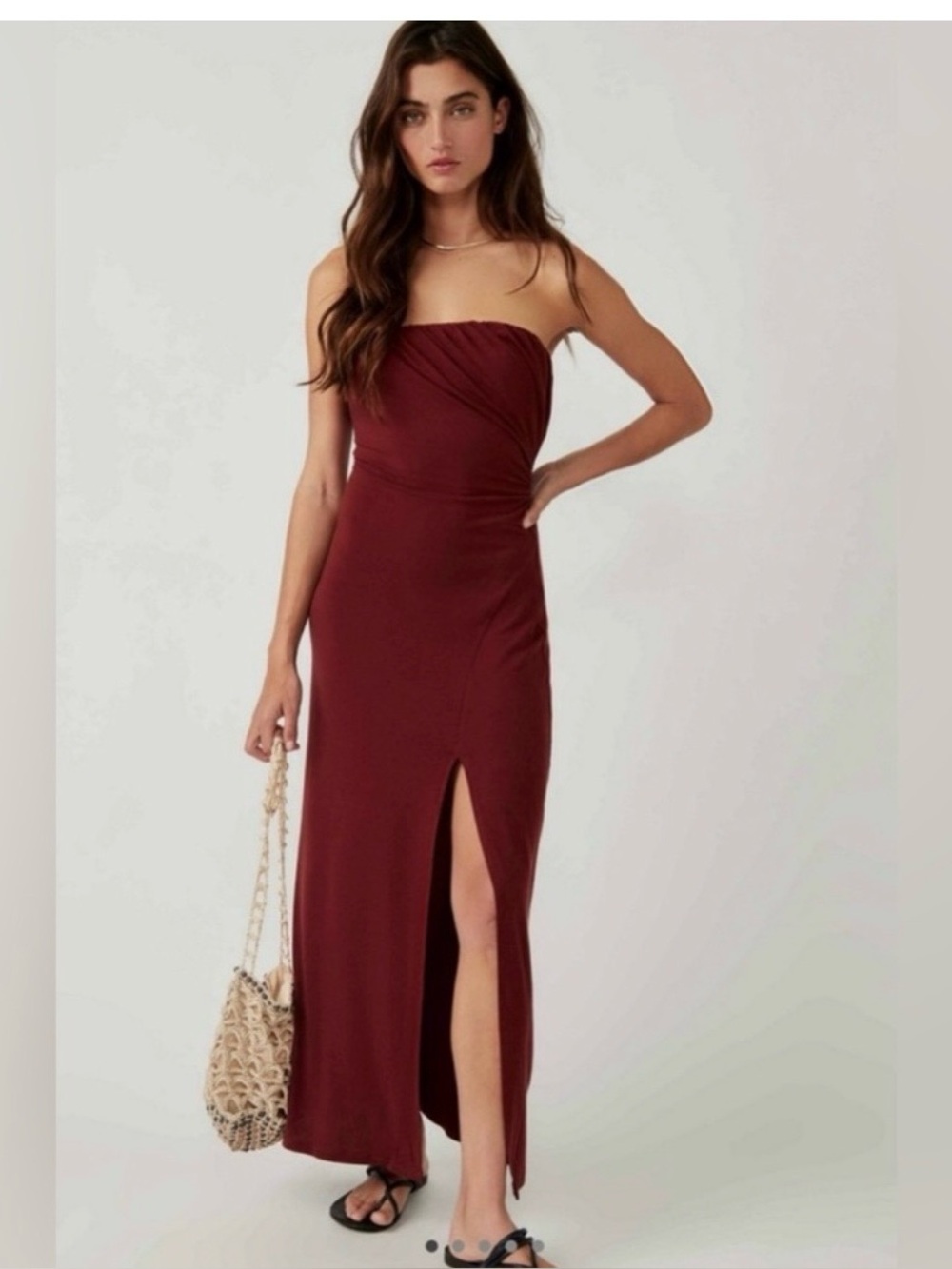Strapless Burgundy Evening Maxi Dress with Front Slit